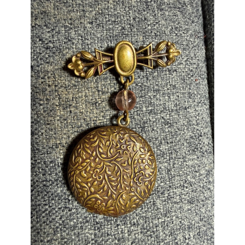 Antique Brass Floral Locket Brooch Dangle Victorian Revival Working 1900s - Picture 9 of 10
